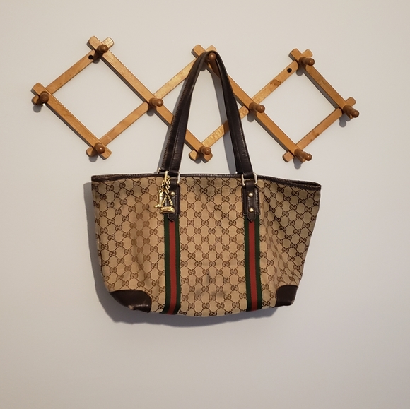 GUCCI Authentic Sherry GG Web Monogram Tote Bag